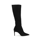 Black calf leather Stuart Weitzman Bos Taurus boots with pointed toes and sleek design, displayed on a white background.
