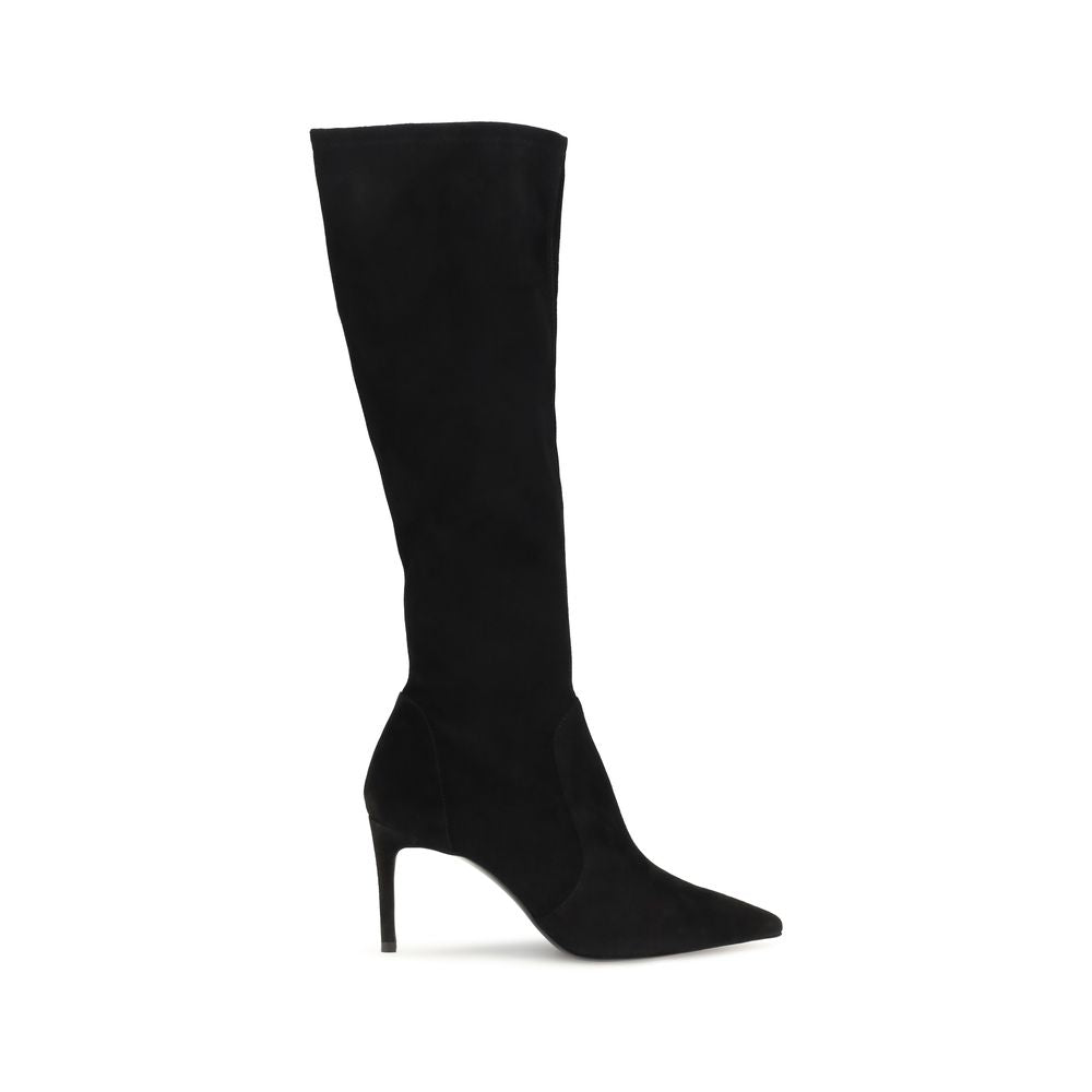 Black calf leather Stuart Weitzman Bos Taurus boots with pointed toes and sleek design, displayed on a white background.