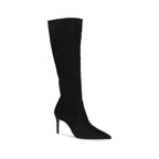 Black calf leather Stuart Weitzman Bos Taurus boots with sleek design and pointed toes, stylish knee-high footwear.