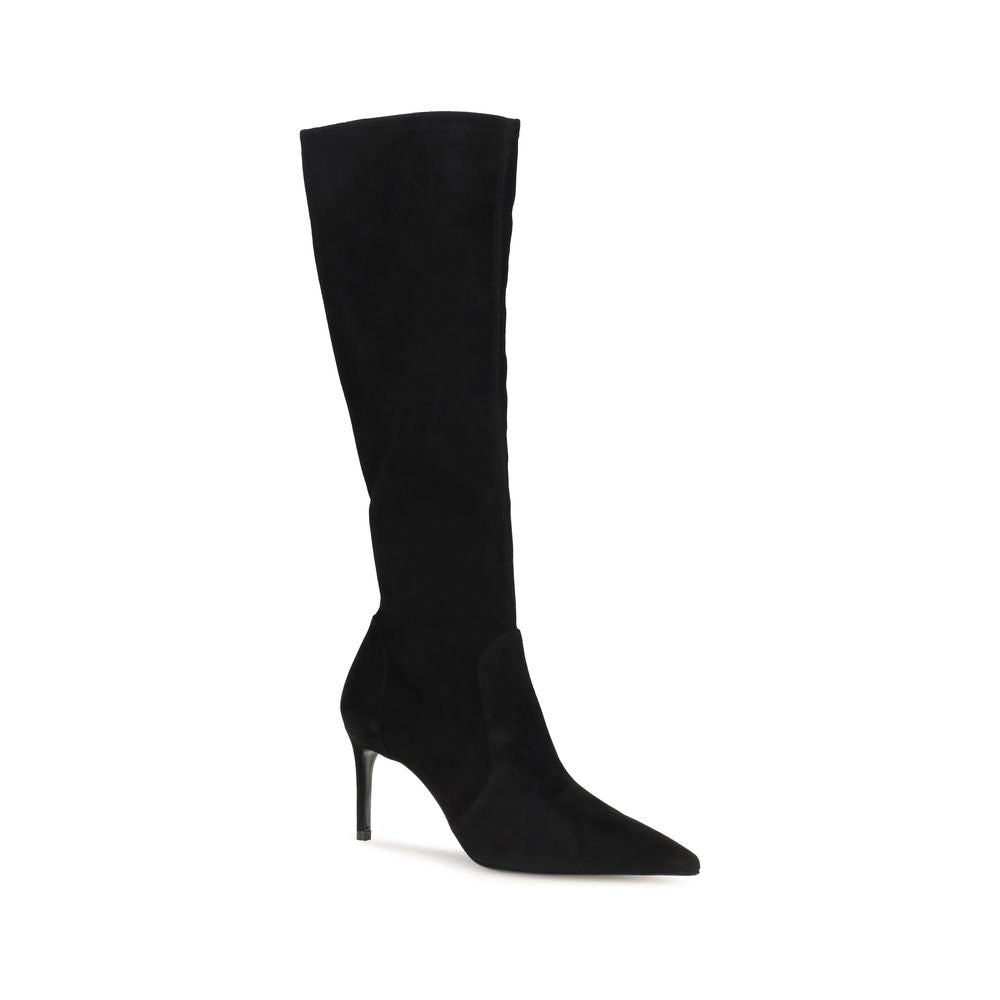 Black calf leather Stuart Weitzman Bos Taurus boots with sleek design and pointed toes, stylish knee-high footwear.