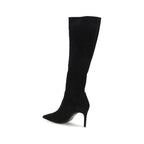 Black calf leather Stuart Weitzman Bos Taurus boots with sleek design and pointed toes, stylish knee-high footwear.