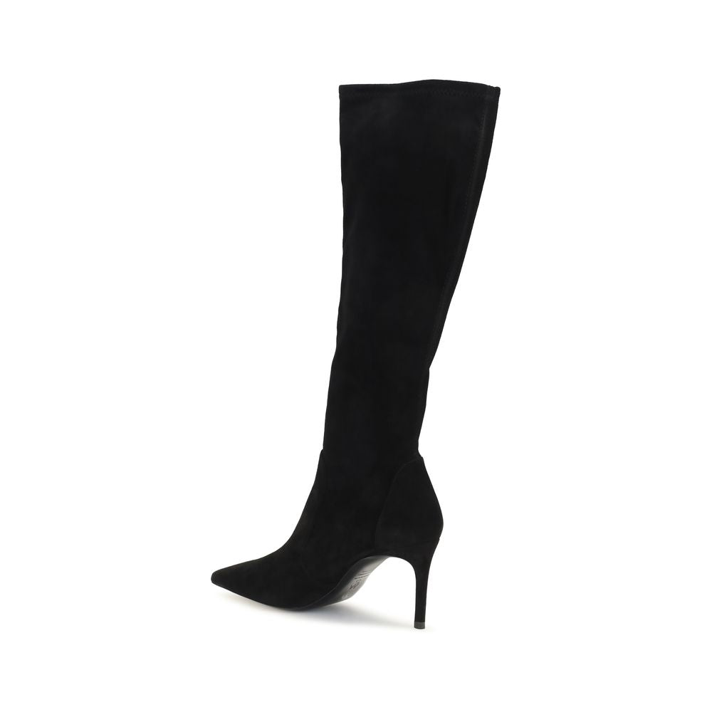Black calf leather Stuart Weitzman Bos Taurus boots with sleek design and pointed toes, stylish knee-high footwear.