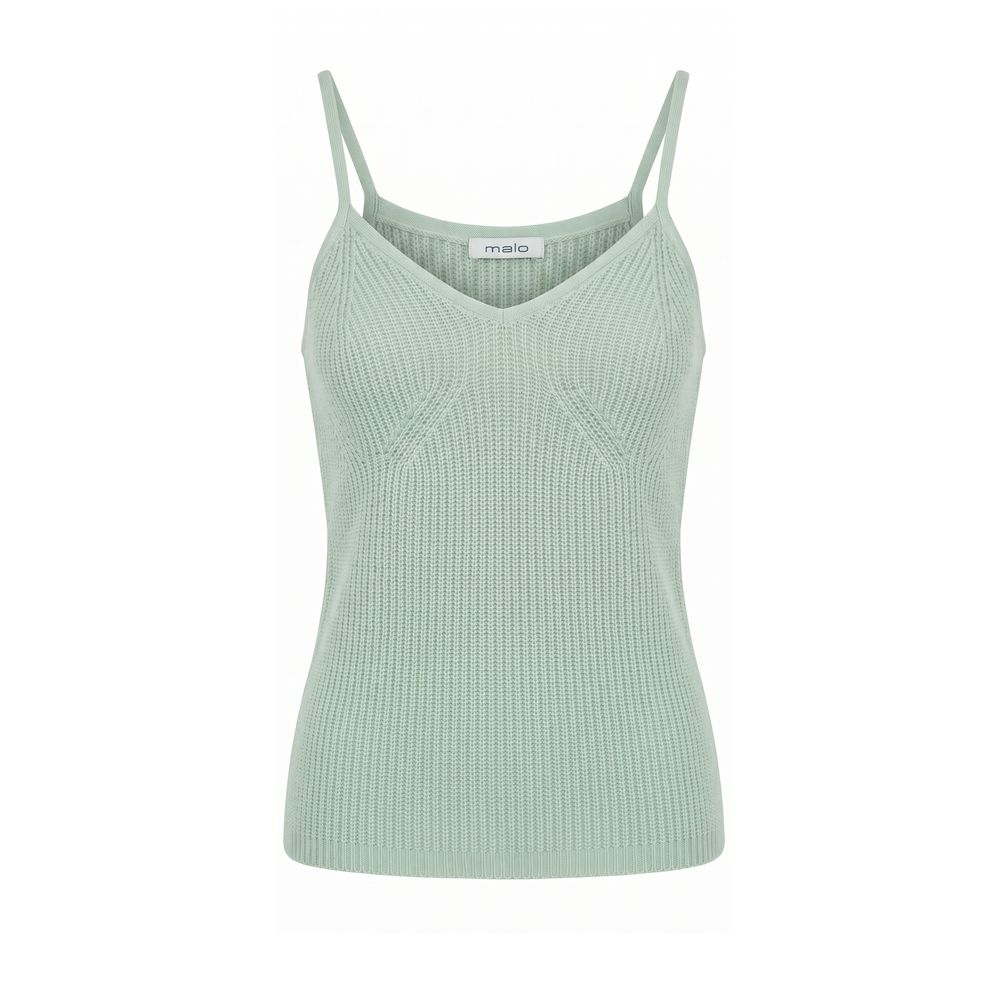 Malo green wool women's tank top displayed on a model, showcasing its sleeveless design and fitted style.