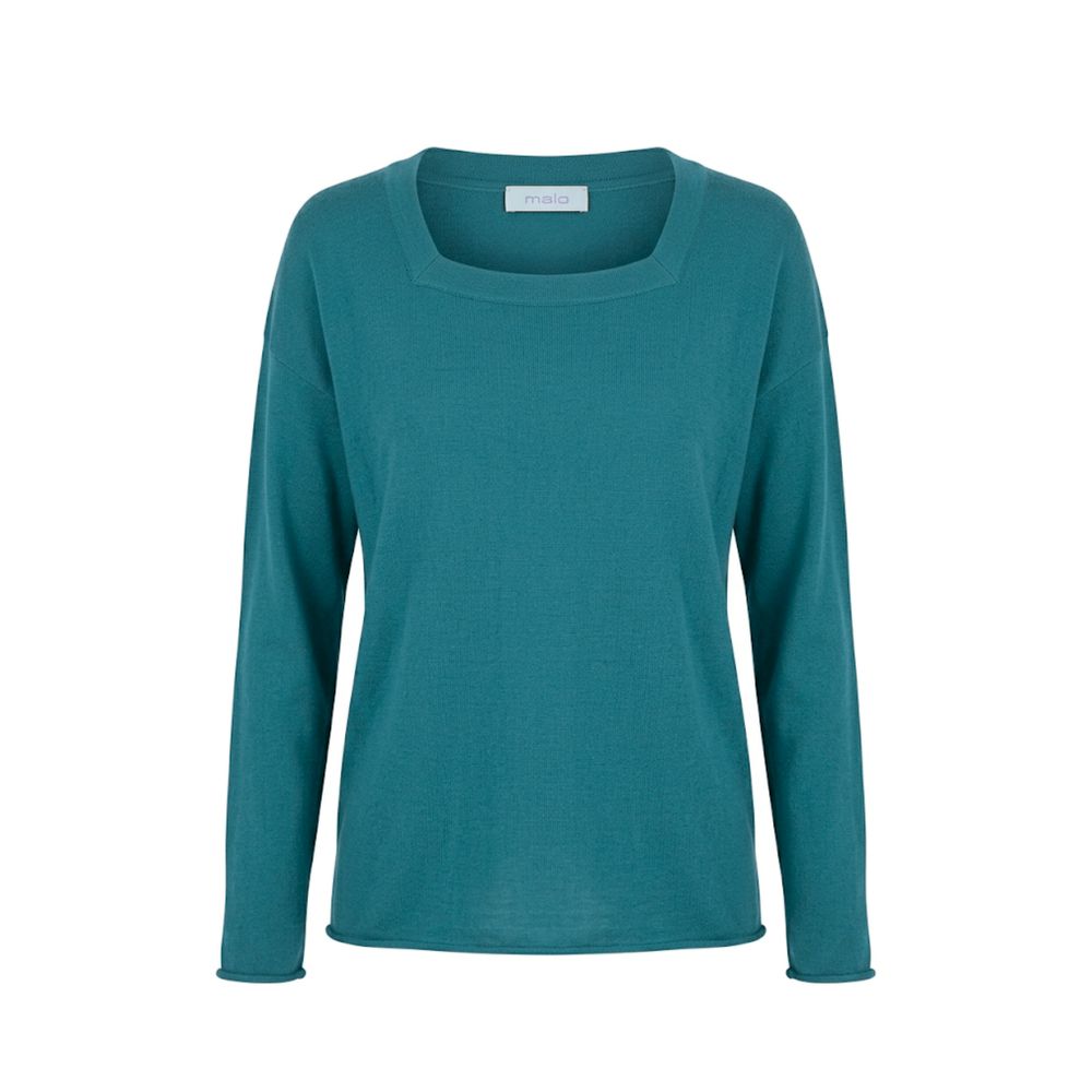 Malo blue cotton women's sweater displayed on a hanger, featuring a soft knit fabric and classic crew neckline.