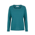 Malo blue cotton women's sweater displayed on a hanger, featuring a soft knit fabric and classic crew neckline.