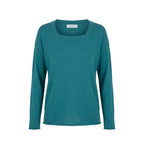 Malo blue cotton women's sweater displayed on a hanger, featuring a soft knit fabric and classic crew neckline.