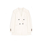 Brunello Cucinelli white virgin wool blazer displayed on a hanger, tailored fit with classic lapel and button closure.