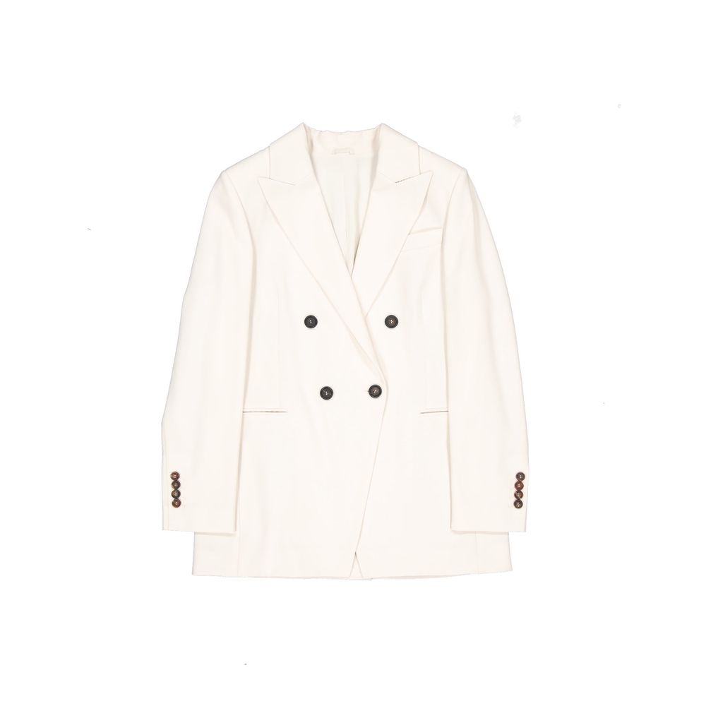 Brunello Cucinelli white virgin wool blazer displayed on a hanger, tailored fit with classic lapel and button closure.