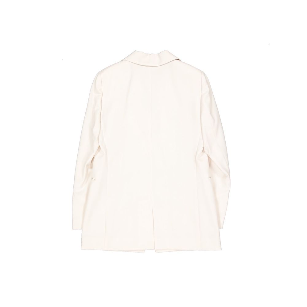 Brunello Cucinelli white virgin wool blazer displayed on a hanger, showcasing a tailored fit and classic design.