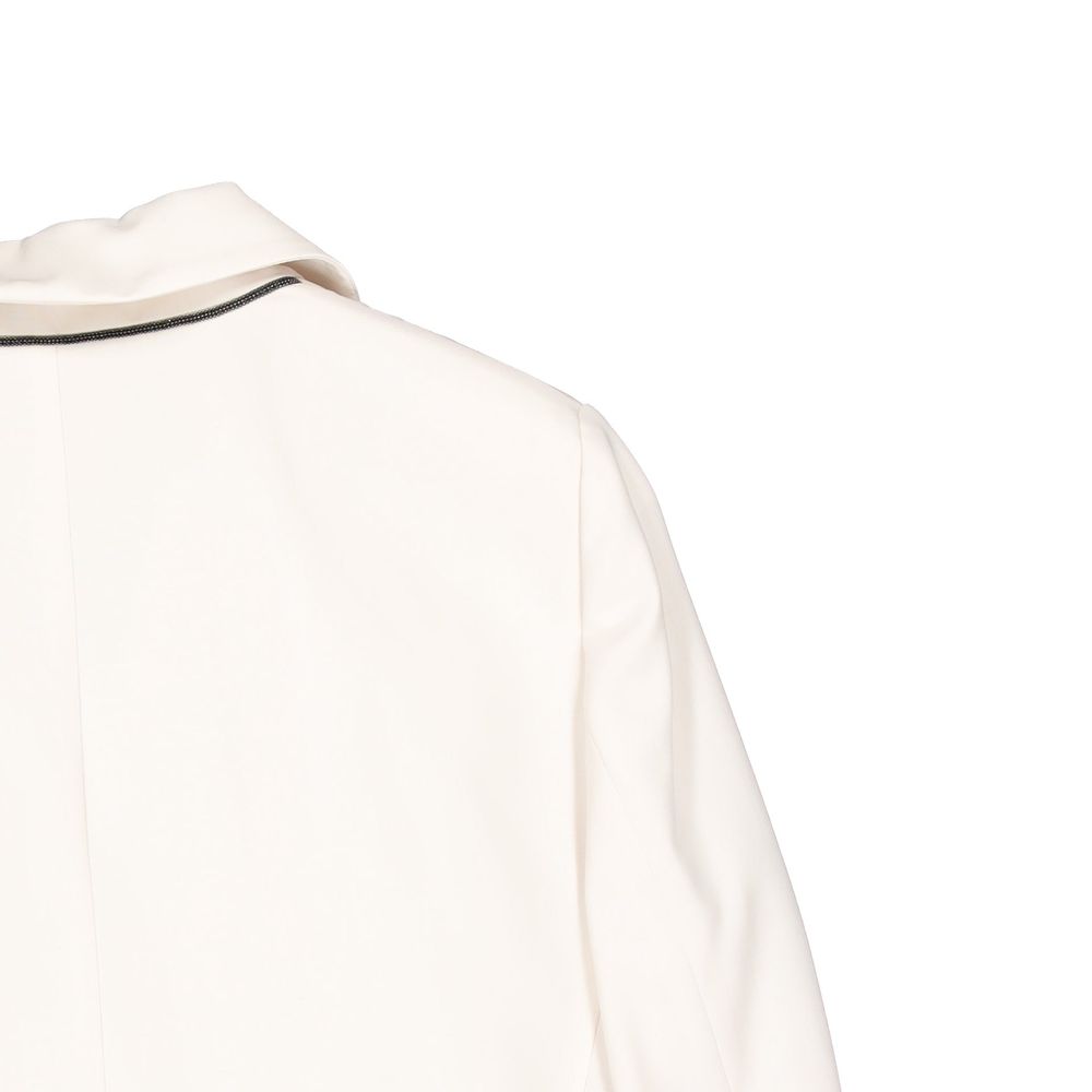 Brunello Cucinelli white virgin wool blazer displayed on a hanger, tailored with a classic lapel and sleek design.