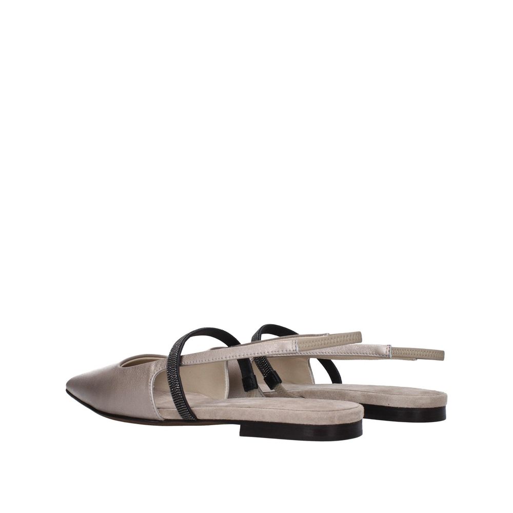 Beige leather ballet flats by Brunello Cucinelli featuring a sleek, comfortable slip-on design and elegant stitching details.