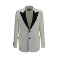 Valentino Garavani white wool blazer with over Aries design, tailored fit, and classic lapels, displayed on a hanger.