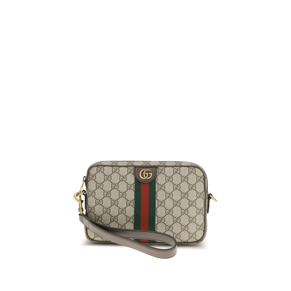 Gucci beige polyethylene shoulder bag with sleek design and top handle, showcasing its modern, minimalist style.