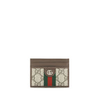 Gucci brown fabric wallet with multiple card slots and a sleek design, featuring the iconic Gucci logo on the front.