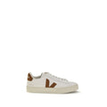 Veja white leather sneakers with clean design and white rubber soles, displayed on a plain background.
