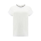 White elastane T-shirt by Brunello Cucinelli, close-up of soft fabric and classic crew neckline.