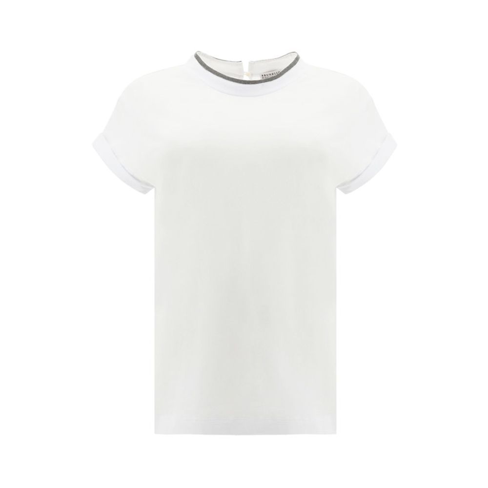 White elastane T-shirt by Brunello Cucinelli, close-up of soft fabric and classic crew neckline.