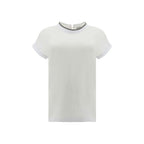 White Brunello Cucinelli elastane T-shirt with a fitted design, short sleeves, and a crew neckline, displayed on a plain background.
