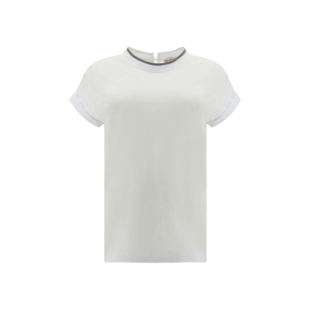 White Brunello Cucinelli elastane T-shirt with a fitted design, short sleeves, and a crew neckline, displayed on a plain background.