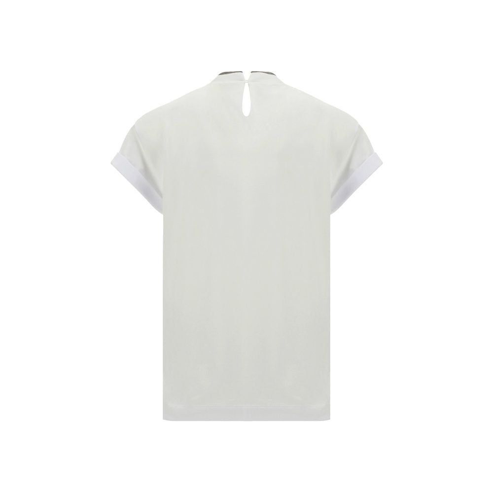 White Brunello Cucinelli elastane T-shirt with a fitted design and crew neckline, shown flat on a plain background.