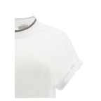 White Brunello Cucinelli elastane T-shirt with a crew neckline and smooth fabric, displayed on a flat surface.