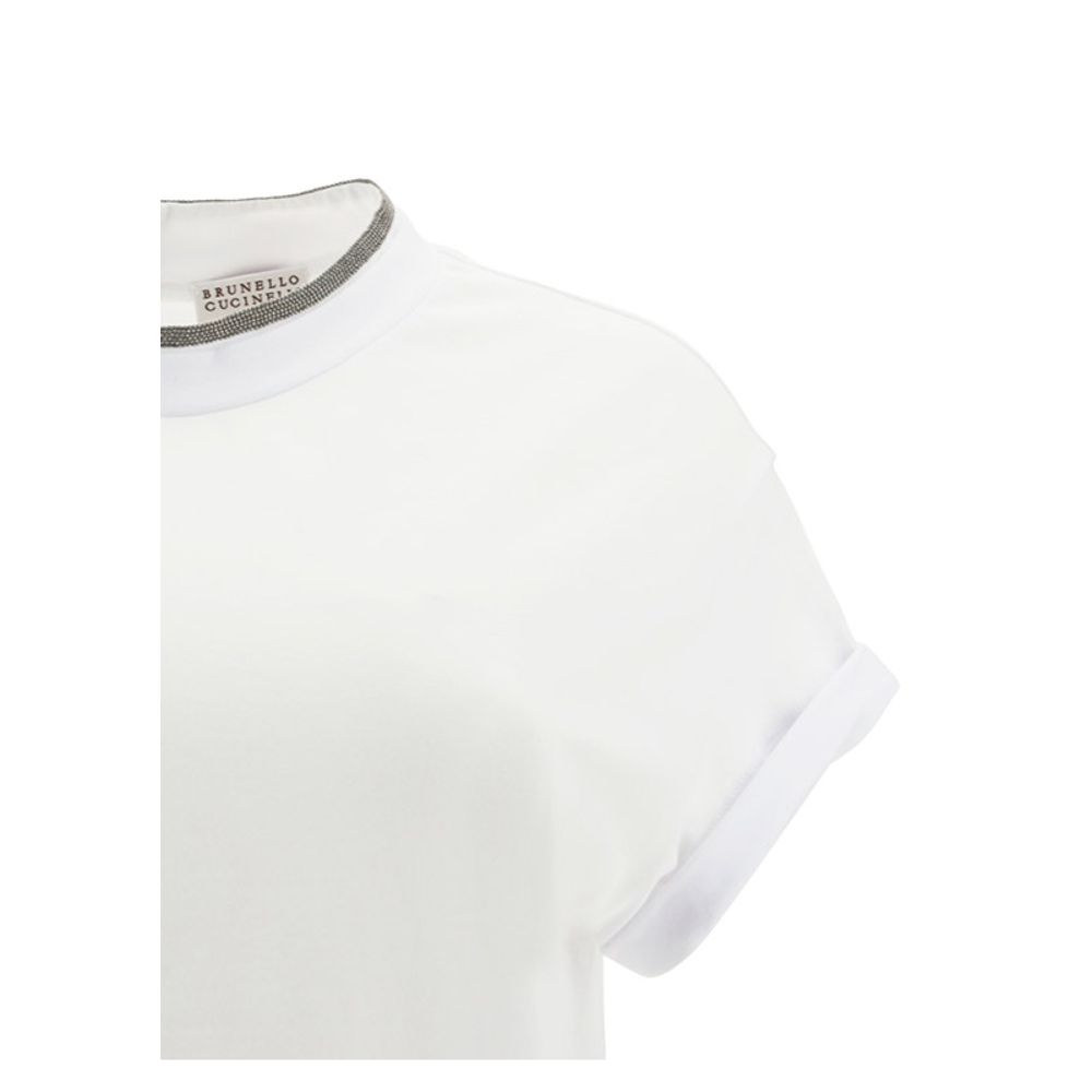 White Brunello Cucinelli elastane T-shirt with a crew neckline and smooth fabric, displayed on a flat surface.