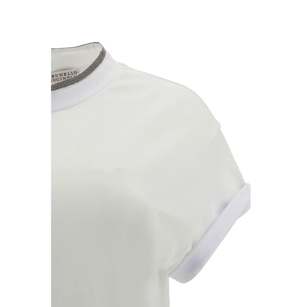 White Brunello Cucinelli elastane T-shirt with a fitted design, featuring a crew neckline and subtle branding details.