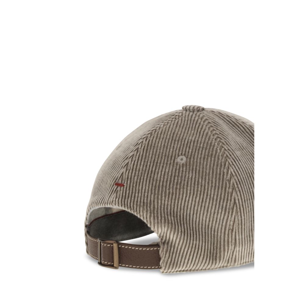 Brunello Cucinelli beige cotton baseball cap with curved brim and embroidered logo, stylish and comfortable for casual wear.