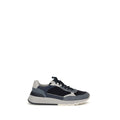 Brunello Cucinelli blue calf leather Bos Taurus athletic sneakers with sleek design and white rubber soles.