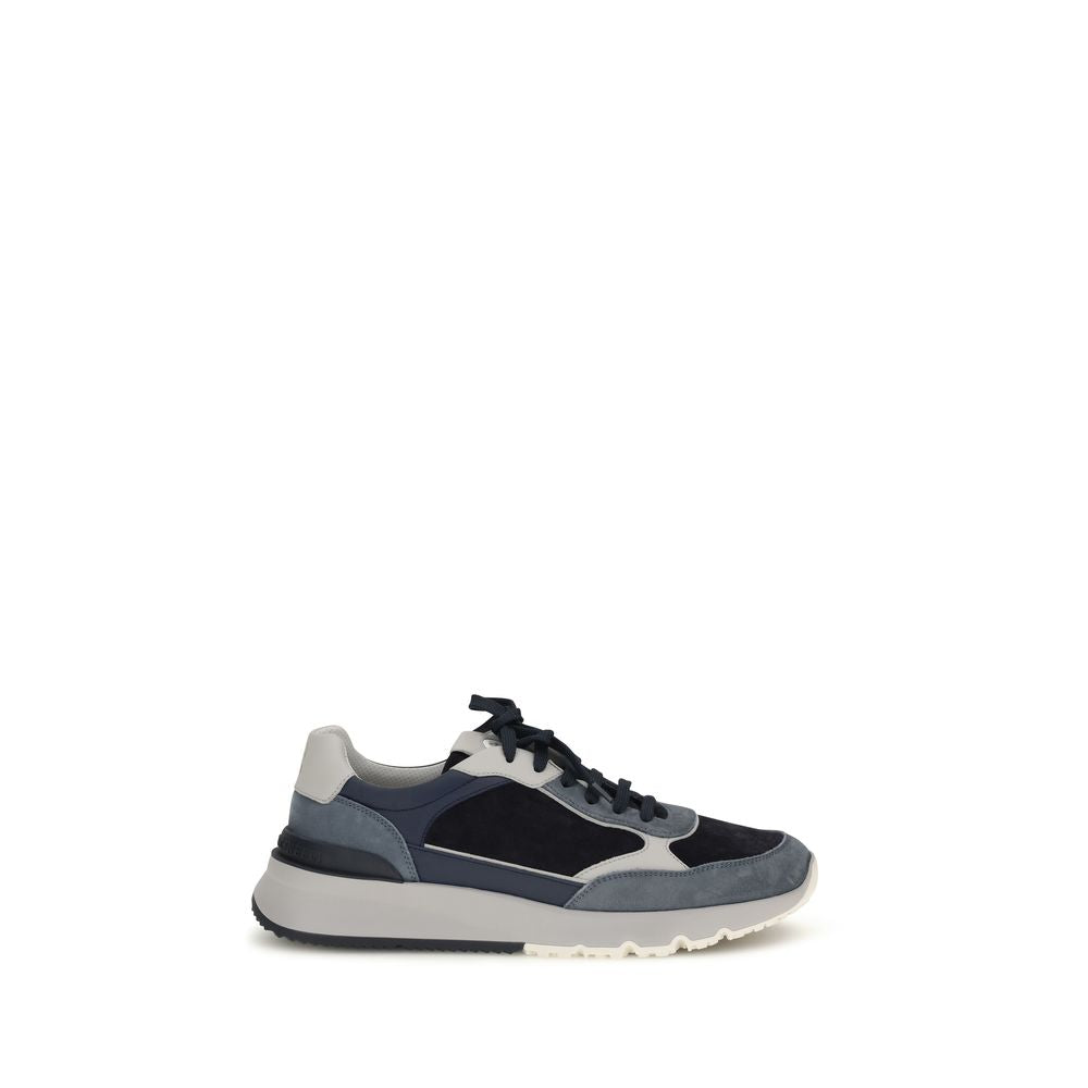 Brunello Cucinelli blue calf leather Bos Taurus athletic sneakers with sleek design and white rubber soles.