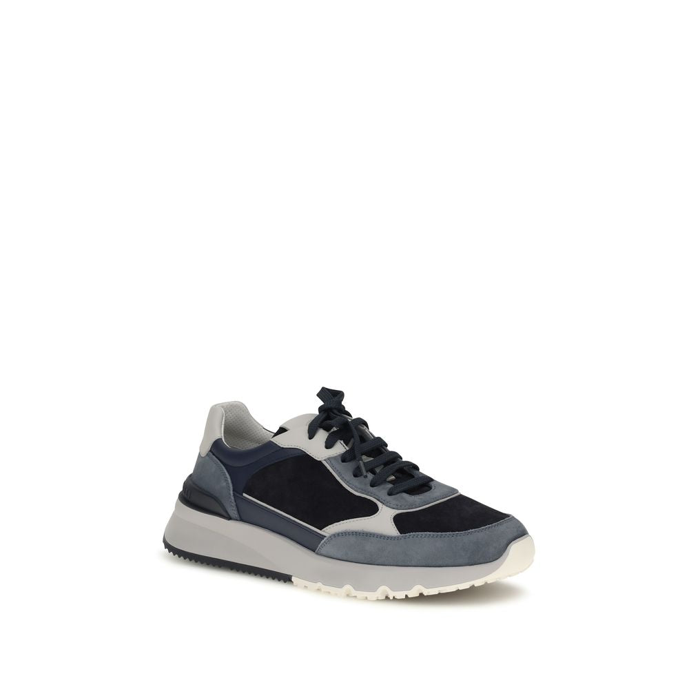 Brunello Cucinelli blue calf leather Bos Taurus athletic sneakers with white soles and sleek design.