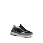 Brunello Cucinelli blue calf leather Bos Taurus athletic sneakers with white soles and sleek design.
