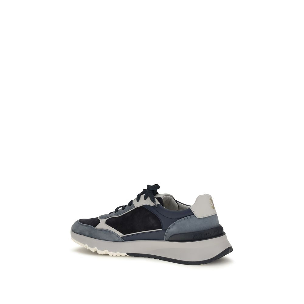 Brunello Cucinelli blue calf leather Bos Taurus athletic sneakers with white soles and sleek design.