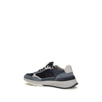 Brunello Cucinelli blue calf leather Bos Taurus athletic sneakers with white soles and sleek design.