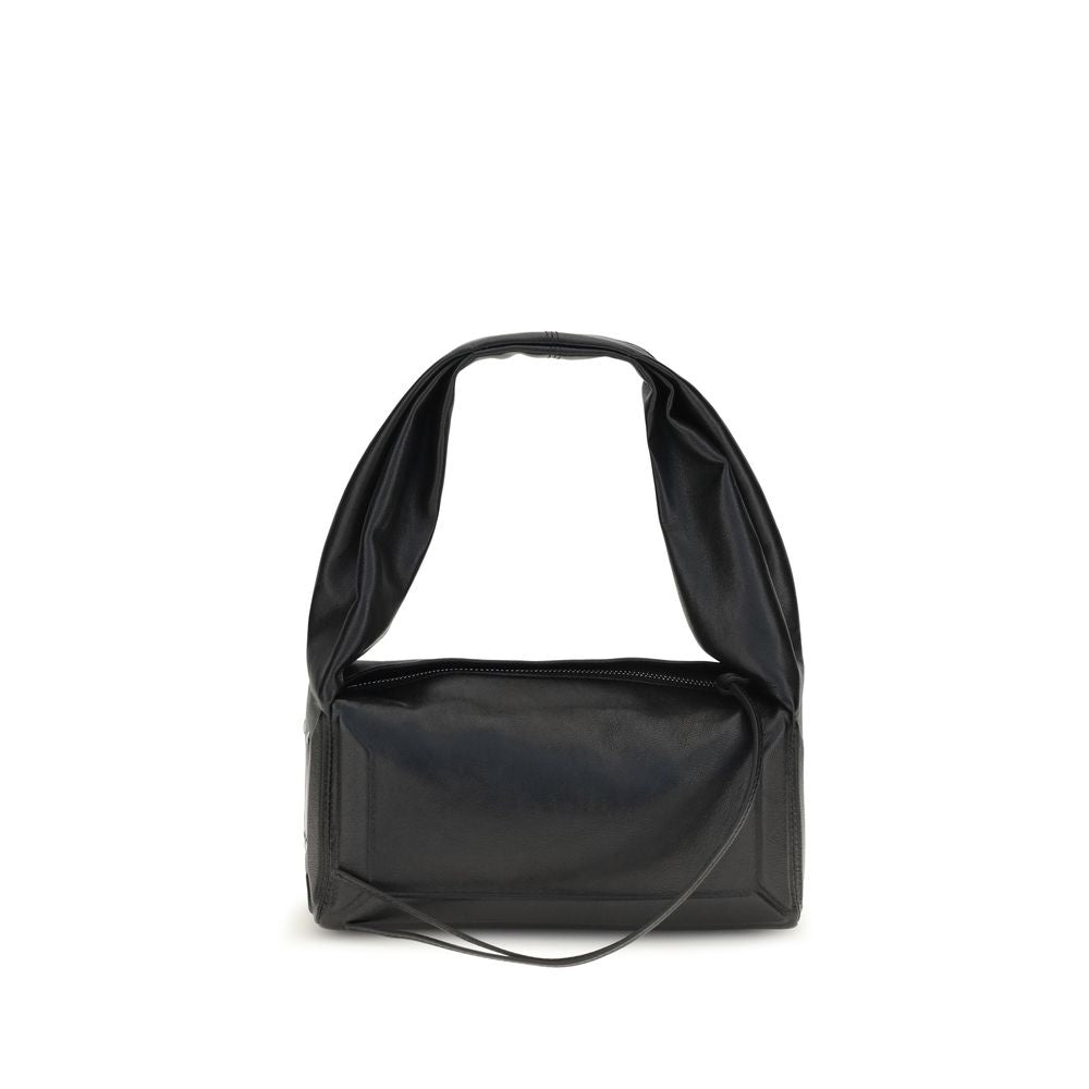 Maison Margiela black leather handbag with sleek design and subtle branding, featuring top handles and a minimalist style.