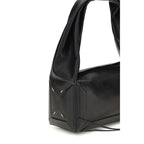 Maison Margiela black leather handbag with structured design and subtle branding, featuring top handles and sleek finish.