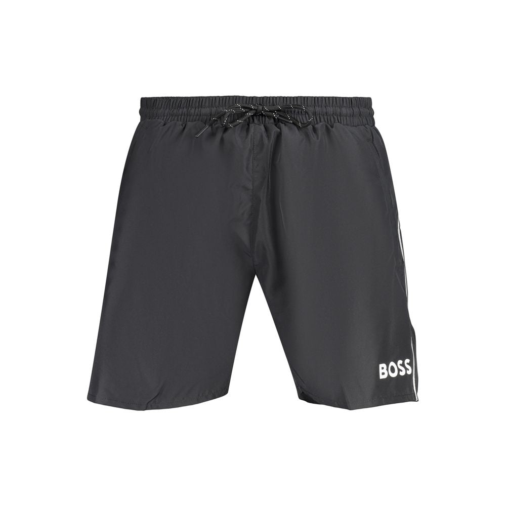 Hugo Boss Nero polyester men's shorts in black with a sleek design and adjustable waistband, perfect for casual wear.