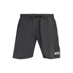 Hugo Boss Nero polyester men's shorts in black with a sleek design and adjustable waistband, perfect for casual wear.