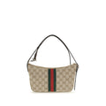 Gucci beige fabric shoulder bag with adjustable strap and classic logo detailing.