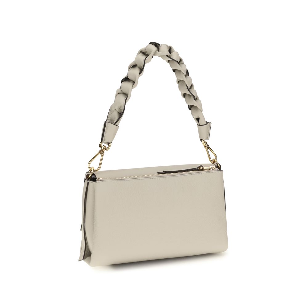 Coccinelle beige calf leather Bos Taurus shoulder bag with sleek design and shoulder strap, detailed close-up of texture and craftsmanship.
