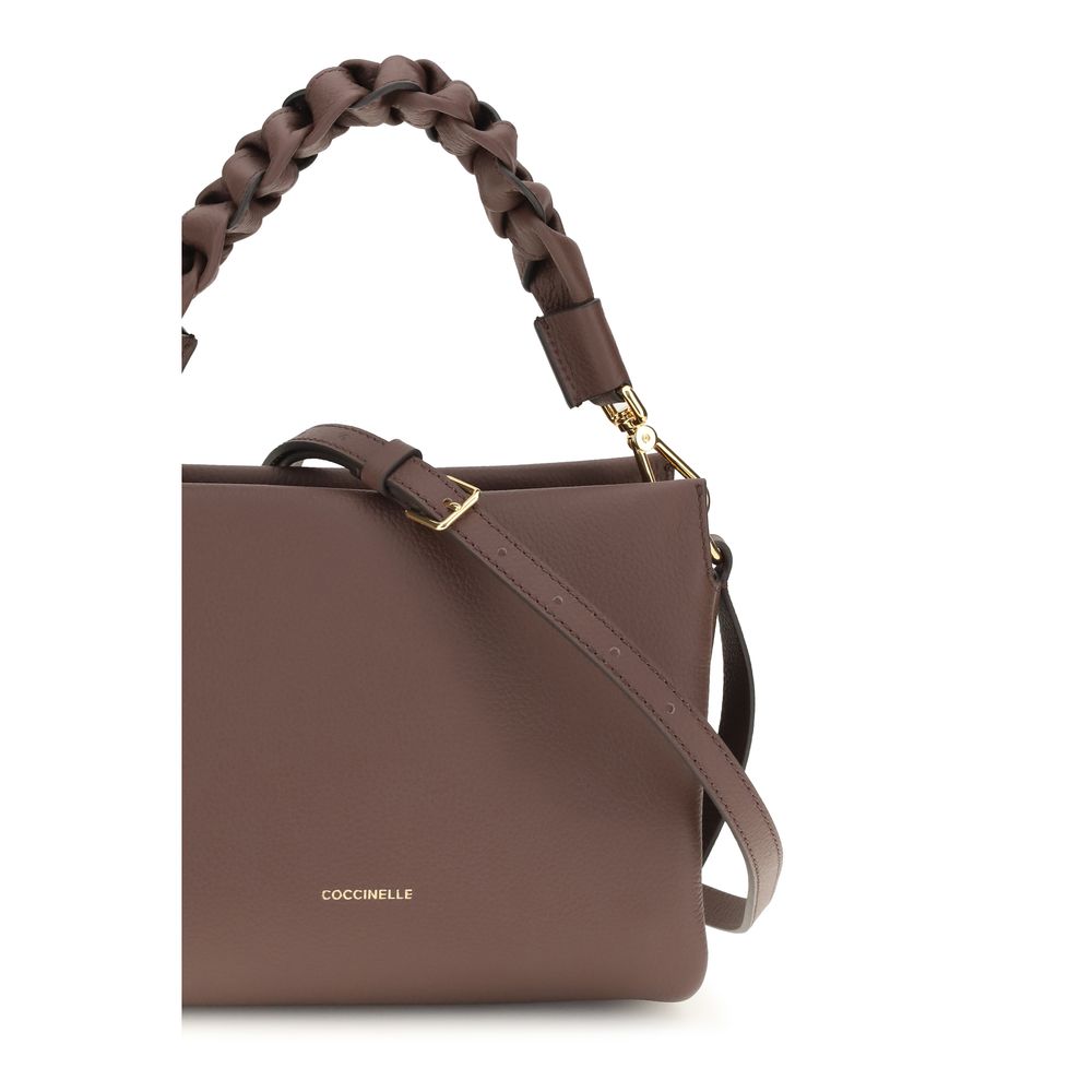 Brown calf leather Coccinelle Bos Taurus shoulder bag with sleek design and top handle, featuring silver hardware and spacious interior.