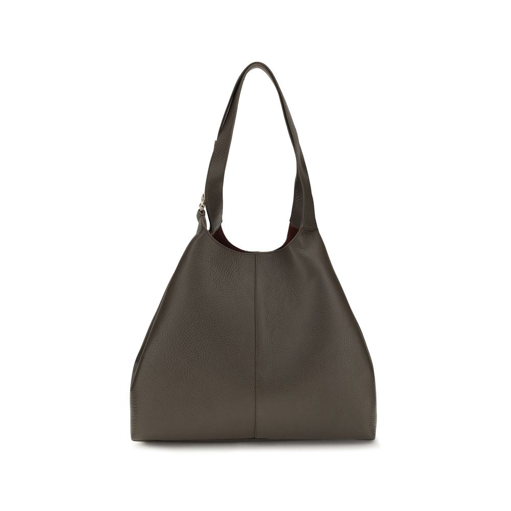Brown calf leather Coccinelle Bos Taurus shoulder bag with sleek design and silver-tone hardware, featuring adjustable strap and zipper closure.
