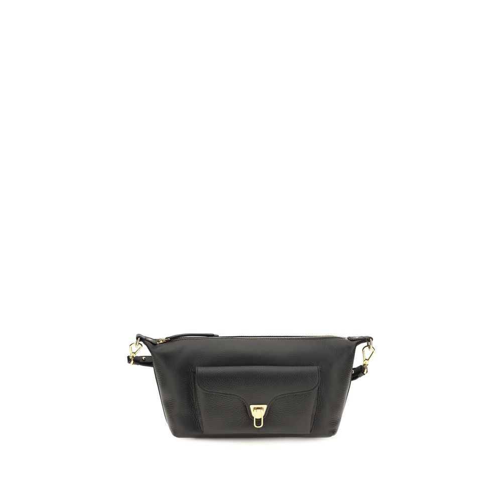 Coccinelle black calf leather Bos Taurus shoulder bag with sleek design and top handle, featuring subtle stitching and metal hardware.