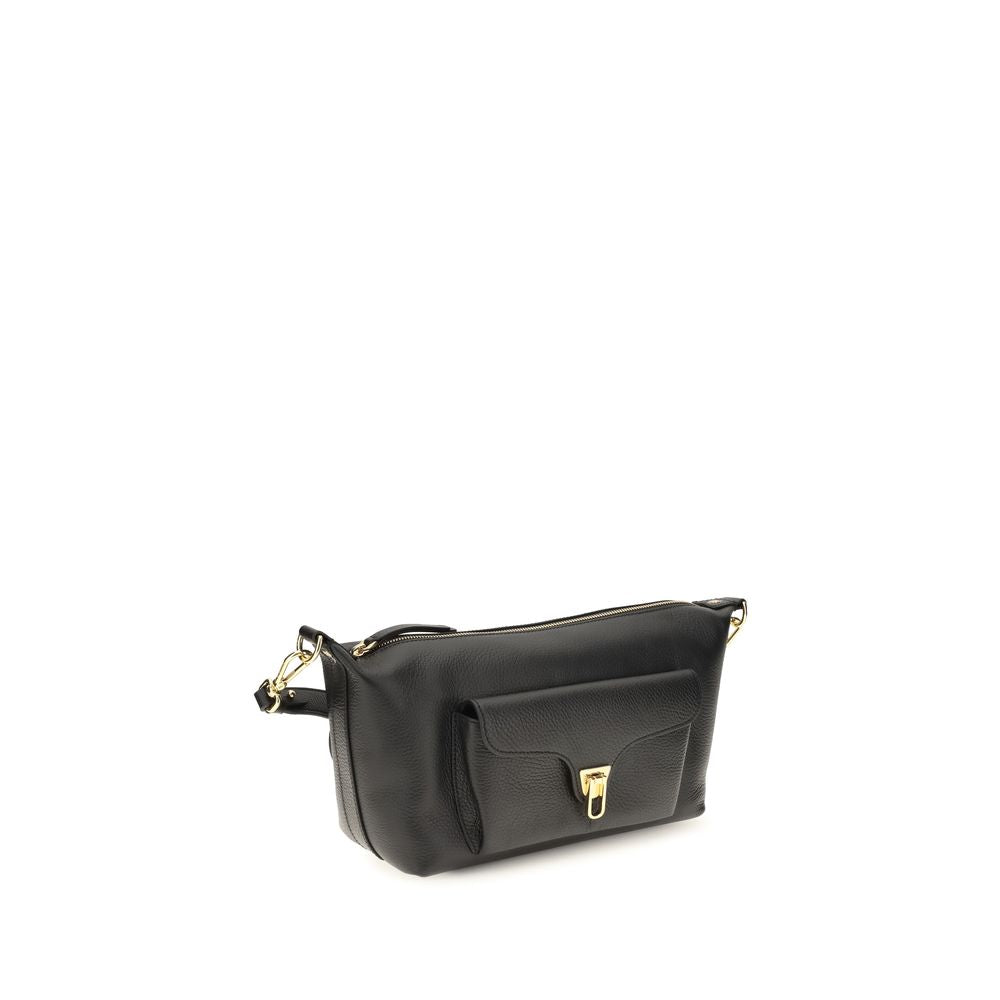 Coccinelle black calf leather Bos Taurus shoulder bag with sleek design and silver hardware, featuring a spacious interior.