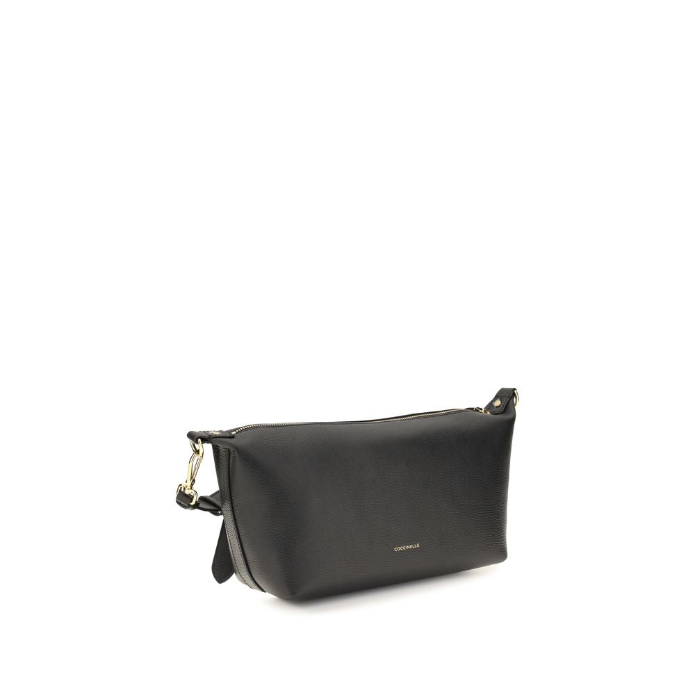 Black calf leather Coccinelle Bos Taurus shoulder bag with sleek design and silver-tone hardware.