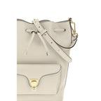 Beige calf leather Coccinelle Bos Taurus backpack bag with silver hardware and adjustable straps.