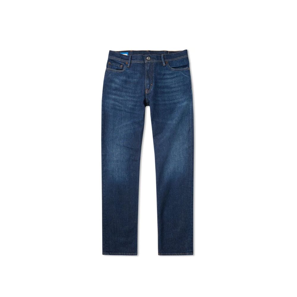 Acne Studios blue cotton straight-leg jeans displayed on a hanger, showing classic fit and clean denim texture.