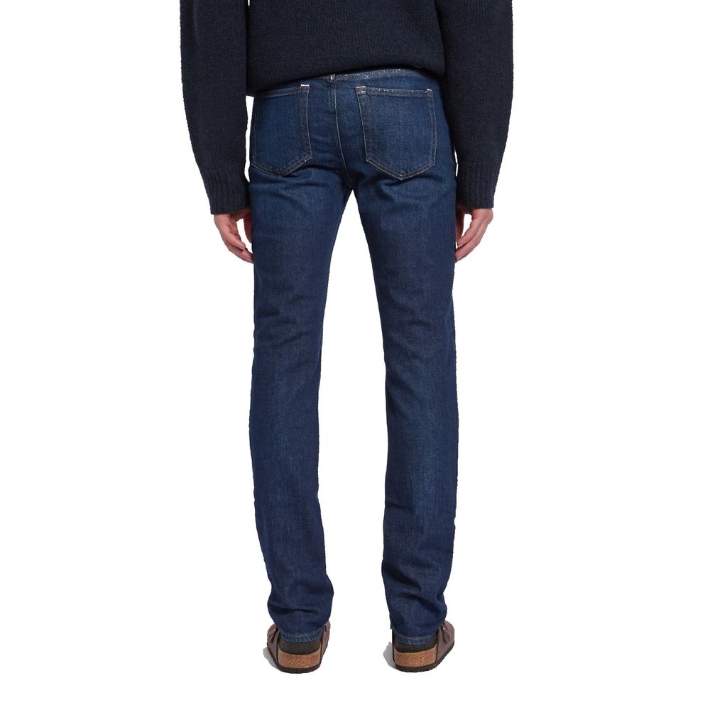 Blue cotton straight-leg jeans by Acne Studios displayed on a hanger, showcasing classic denim style and clean design.