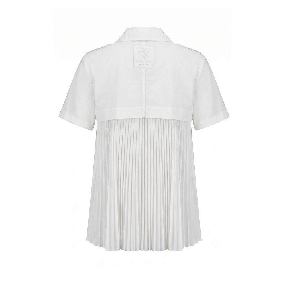 White cotton women’s shirt by Mr&Mrs Italy, featuring a classic fit and button-front design, seen on a model.