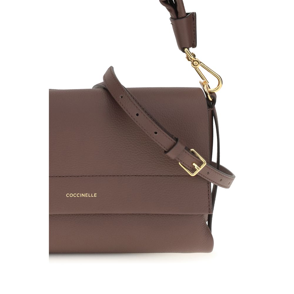 Brown calf leather Coccinelle Bos Taurus shoulder bag with sleek design and gold-tone hardware.